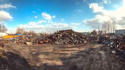 Large pile of scrap metal outdoors under a partly cloudy sky.