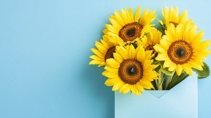 Yellow sunflowers in a light blue envelope on a sky blue background generative ai