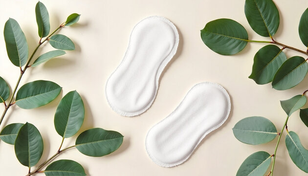 Two sanitary pads surrounded by green leaves on a light background for feminine hygiene