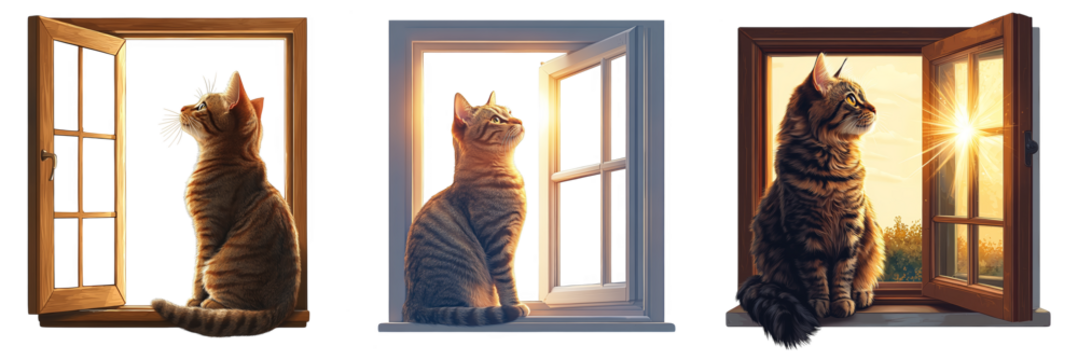 cats looking through different windows in daylight soft sunlight transparent background