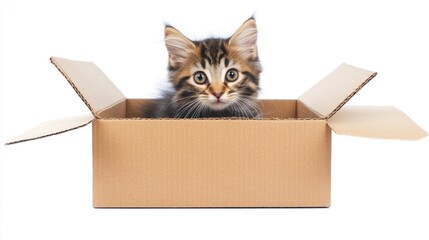 Fototapeta premium Adorable kitten with fluffy fur sitting inside an open cardboard box, showcasing its playful nature and curiosity, isolated on a white background for a clean look