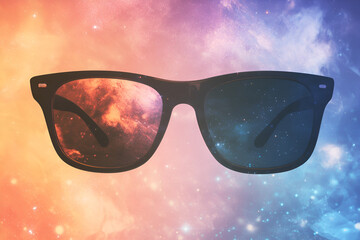 Stylish Sunglasses Against Cosmic Colorful Background

