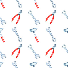 Wrenches, hammers, and red-handled pliers in watercolor. Hardware tools clipart. Seamless pattern for product designs, gift wrapping, or backgrounds in mechanical or DIY-themed projects