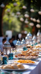 Tables brimming with delicious traditional dishes and drinks for outdoor Eid al-Fitr