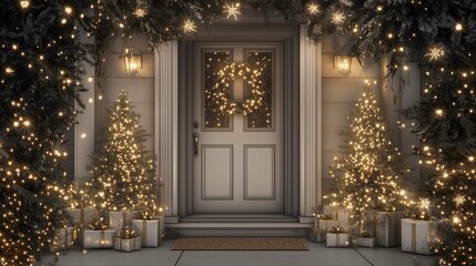 Christmas Front Door Digital Backdrop Photography, white, chirtsmas shimmery lights, gold, Composite, high resolution photography

