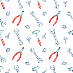 Fototapeta premium A watercolor illustration of wrenches, screws, and nuts in a seamless pattern. Versatile hardware tools clipart for backgrounds on posters, stationery, or home decor projects