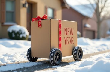 Christmas delivery robot on wheels with cardboard box stands near the house. festive banner for logistics for the new year