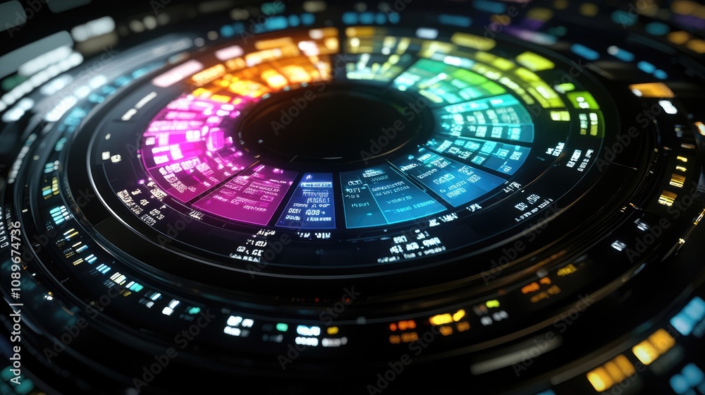 Poster abstract colorful digital visualization of a circular interface with vibrant hues, flexible patterns
