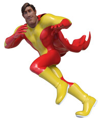 donna con vestito rosso e giallo con mantello super eroina eroe su fondo trasparente isolato 