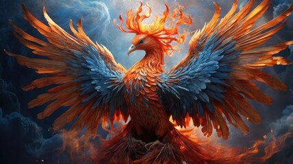 A fiery phoenix with blue and orange feathers spread against a cloudy sky.