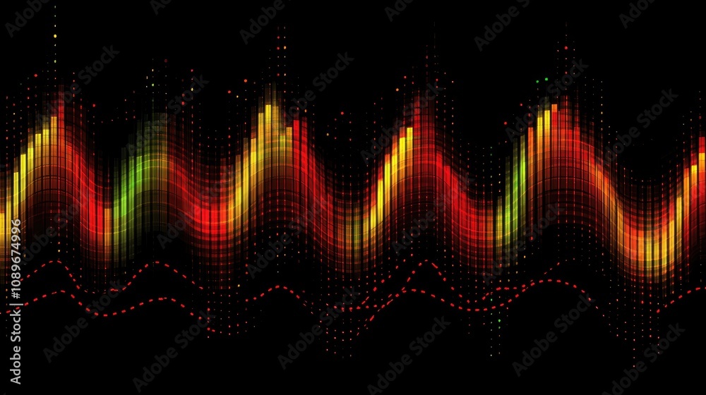 Poster abstract visualization of sound waves in vibrant colors with a dynamic frequency spectrum on a dark 