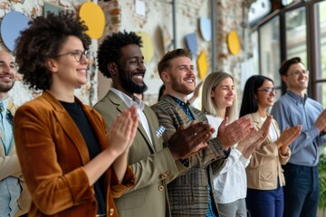 Obraz premium Diverse group of professionals applauding during a team event in a contemporary workspace filled with vibrant decor