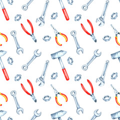 Fototapeta premium Red-handled pliers, hammers, and wrenches in watercolor . Repairman essentials clipart. This seamless pattern is suitable for industrial-themed products, packaging, or digital designs