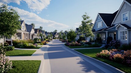 Here's a  and keyword list for your image.. Idyllic suburban street lined with charming houses and lush landscaping on a sunny day.
