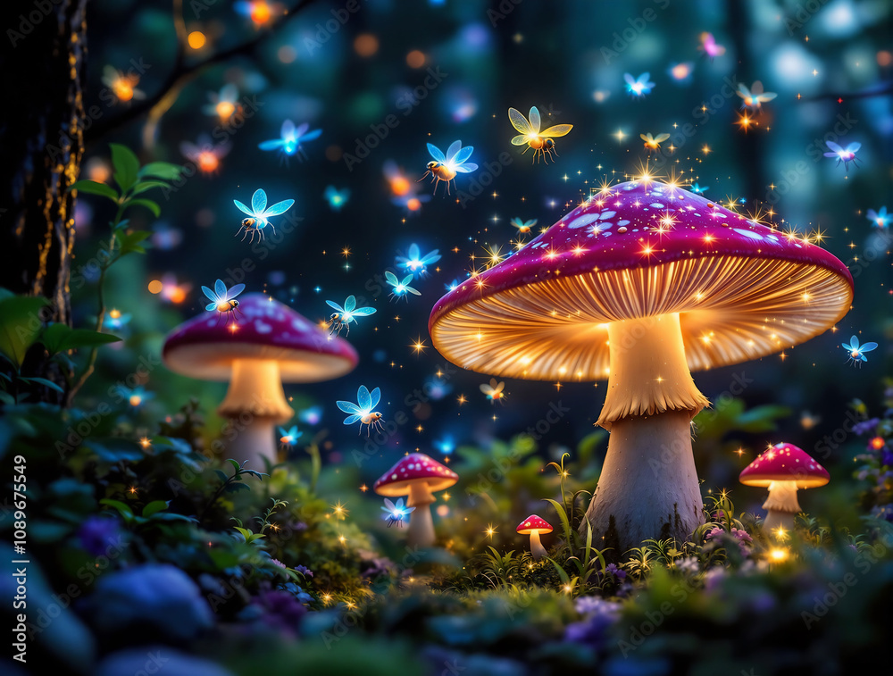 Poster close-up of colorful enchanted fireflies hovering near glowing mushrooms in a mystical forest