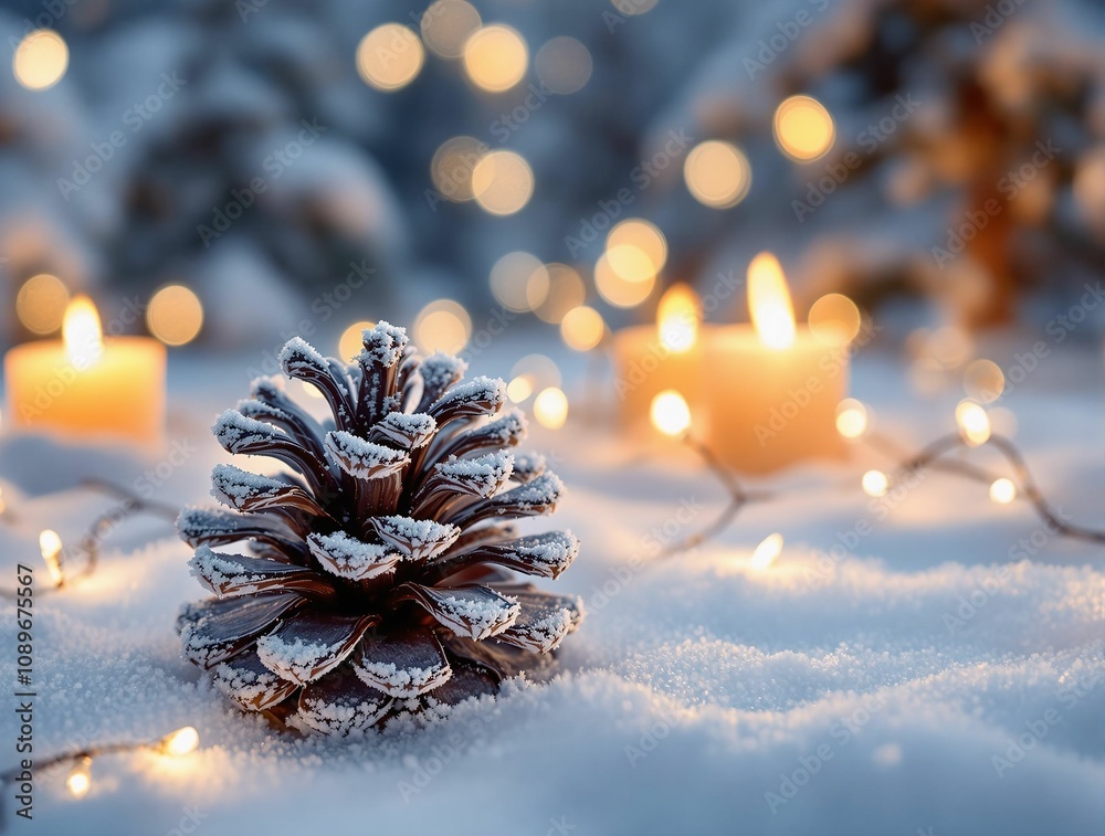 Aufkleber a frosted pinecone resting on a bed of snow, surrounded by glowing fairy lights and soft candlelight