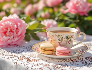 Fototapeta premium A close-up of pastel-colored macarons and a cup of tea, placed on a lace tablecloth, surrounded by fresh blooming peonies, warm sunlight creating soft shadows