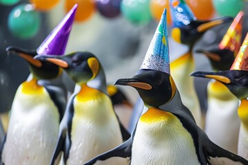 Penguins celebrate with colorful party hats during a playful event at a local aquarium in the morning