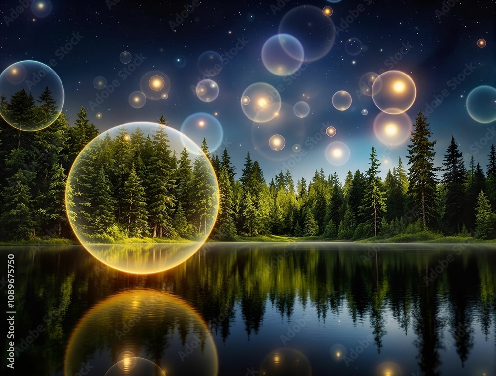 Poster magical glowing orbs floating above a reflective lake, surrounded by dense forest trees