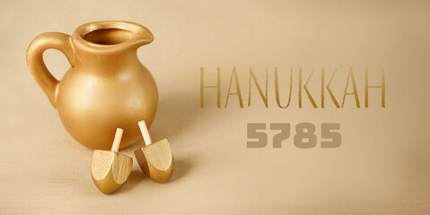Jewish religious holiday Hanukkah with wooden dreidel (spinning top), oil jug. Golden baner