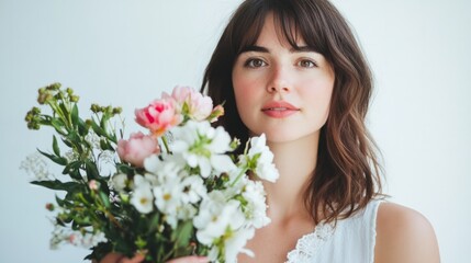 Fototapeta premium Young woman holding a blooming bouquet, her eyes full of joy, generative ai