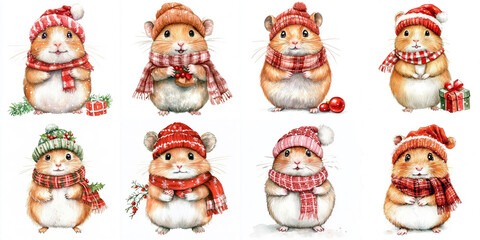 Adorable Hamsters in Winter Hats - Cute watercolor hamsters wearing winter hats, scarves, and holding gifts. Symbolizing warmth, winter holidays, cuteness, joy, and friendship.