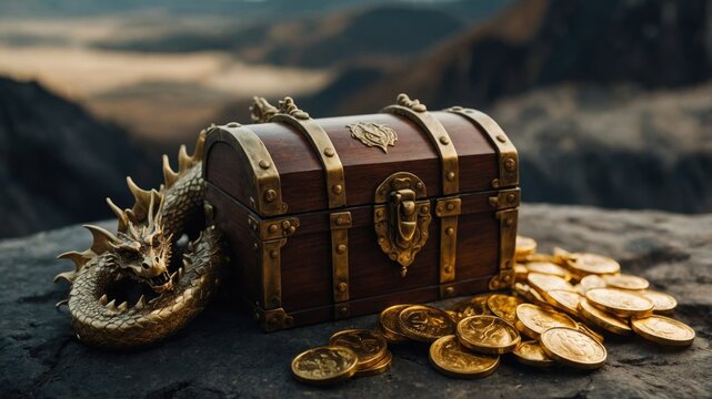 Amidst the piles of gold, the dragon watches over its treasure with an unwavering vigilance