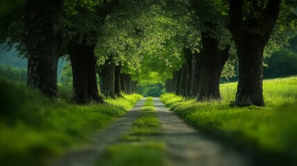 Fototapeta premium Serene Country Road Lined With Lush Green Trees