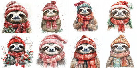 Naklejka premium Adorable Sloths in Winter Hats Watercolor Illustration - Cute sloths wearing winter hats and scarves, perfect for holiday cards, prints, and apparel. Symbolizing warmth, cuteness, winter, friendship, 