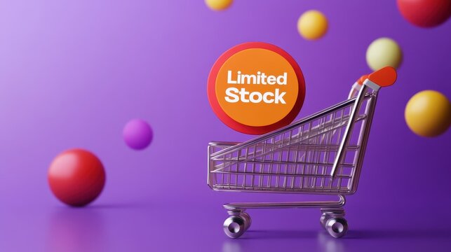 Illustration features a shopping cart and limited stock sign on a vibrant purple background
