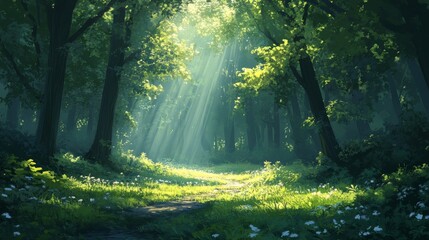 Fototapeta premium Sunlit Path Through A Lush Green Forest