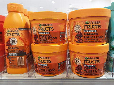 BUCHAREST, ROMANIA - NOVEMBER 16, 2024. Garnier Fructis Pappaya Hair Food repairing in a store ready to be sold
