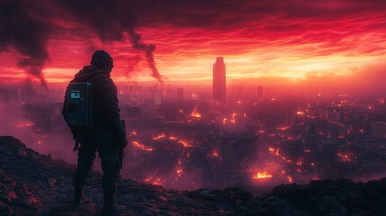 Fototapeta premium City in Ruins Under a Crimson Sky