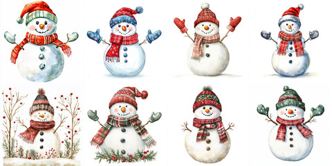 Charming Watercolor Snowmen in Winter Hats - Adorable watercolor snowmen, winter hats, festive scarves, joyful expressions, holiday cheer.