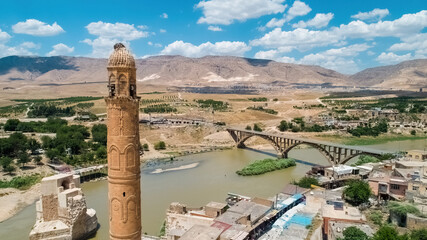 Hasankeyf, Batman, Turkey. A close-up of the mosque minaret in the historic city of Hasankeyf,...