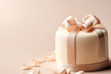Clean birthday cake silhouette with ribbon details on a soft, neutral gradient background