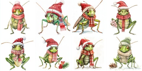 Fototapeta premium Festive Grasshoppers in Winter Wonderland - Adorable watercolor illustration of eight grasshoppers wearing winter hats and scarves, symbolizing holiday cheer, winter fashion, nature's charm, whimsical