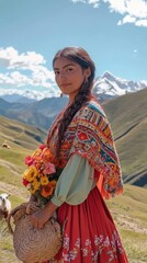 A young Peruvian woman wearing vibrant traditional clothing and holding a basket of colorful flowers, set against the majestic Andes mountains.