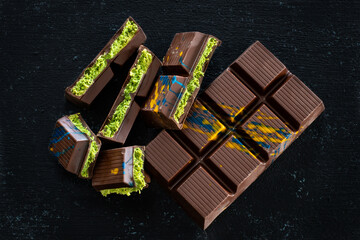 Dubai Chocolate bar with kadayif and pistachio nuts 