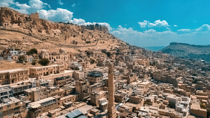 Old Mardin aerial view. The minaret of the historic Grand Mosque in Mardin. Old city of Mardin...
