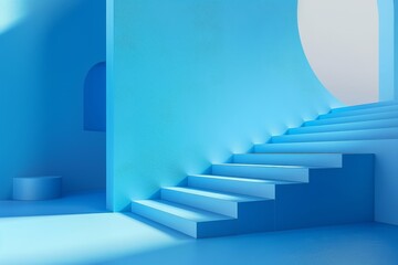 Fototapeta premium Bright blue interior staircase with minimalist design and light play, set in a modern architectural space during the daytime
