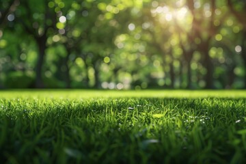 Fototapeta premium Dappled sunlight filters through green trees illuminating a lush grassy area in a serene park setting during a peaceful afternoon