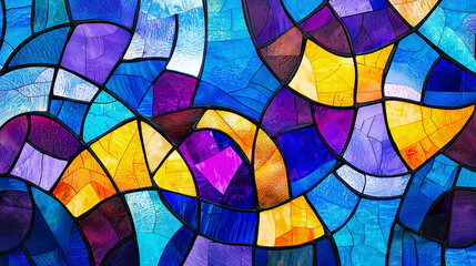 Fototapeta premium Abstract stained glass design with intricate patterns in vibrant blues, purples, and yellows, creating a radiant and dynamic composition
