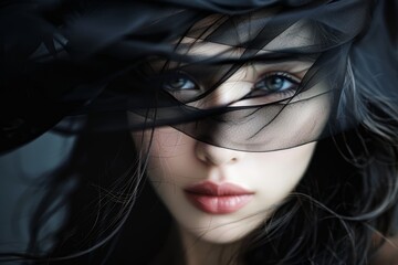 Fototapeta premium A close-up portrait of a woman with flowing hair partially obscured by a sheer black fabric in soft light