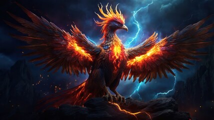 A fiery phoenix with outstretched wings stands on a rocky outcrop against a backdrop of a stormy sky, lightning streaks across the sky behind it.