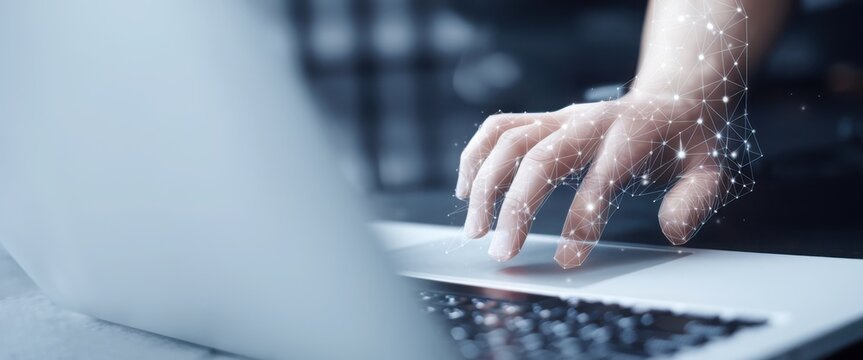 close up on robot hand working on laptop to checking correct data by using RPA function software program to help proof and detect and synchronize to system for future technology of business concept