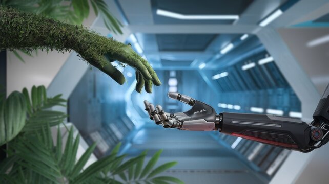 Green technology conceptual design, human arm covered with grass and lush and robotic hand, 3d render