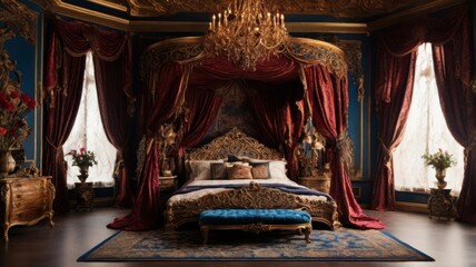 A luxurious bedroom with a large canopy bed, a chandelier, and ornate furniture.