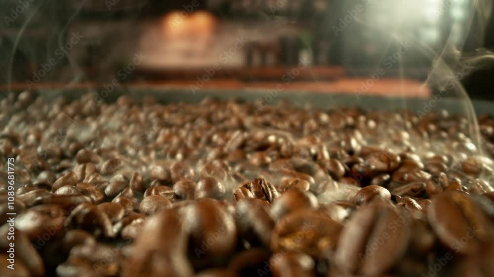 Poster super slow motion of coffee beans rotating in roasting grinder. concept of roasting coffee beans wit