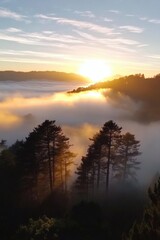 Fototapeta premium Sunset over foggy mountains